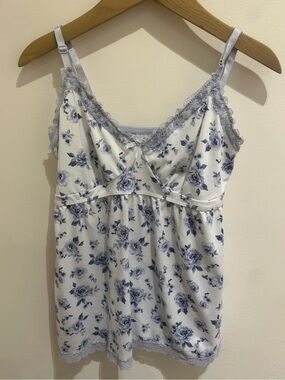 Laura Ashley White and Blue Floral Lace-Trim Cami